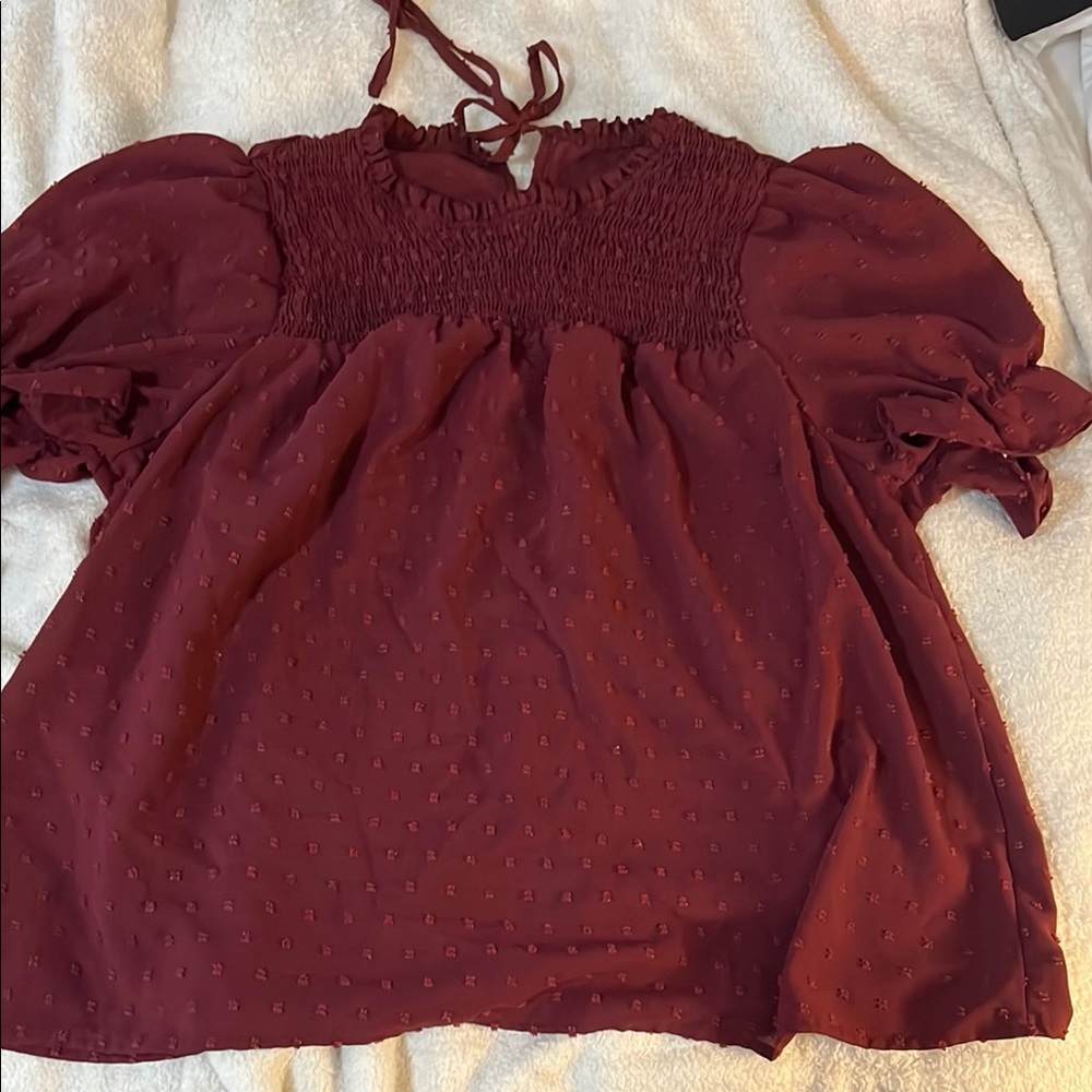 SHEIN Red Puff Sleeve Smocked Blouse